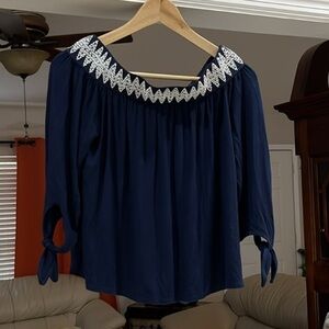 Pebble and Stone Navy Off The Shoulder Tie Half Sleeve Womens Top Size S